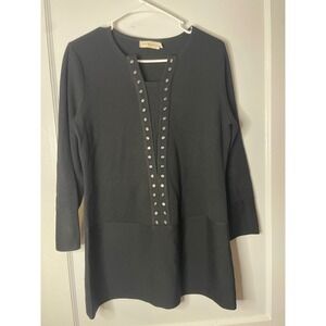 Tory‎ Burch Womens Black Merino Wool Tunic Top Rhinestone Embellished M